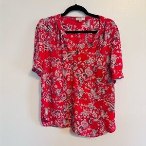 Loft red paisley blouse short sleeves with puff sleeves and v neck.